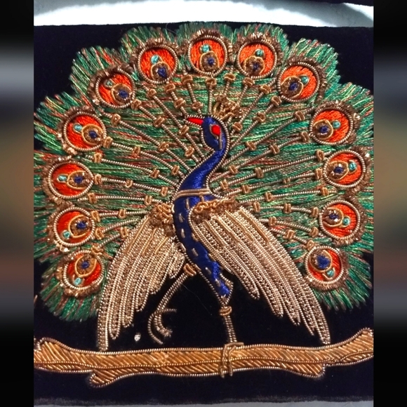 1930s/1940s Peacock Design Zardozi Embroidered Gemmed Black Velvet Evening Bag - Picture 2 of 10